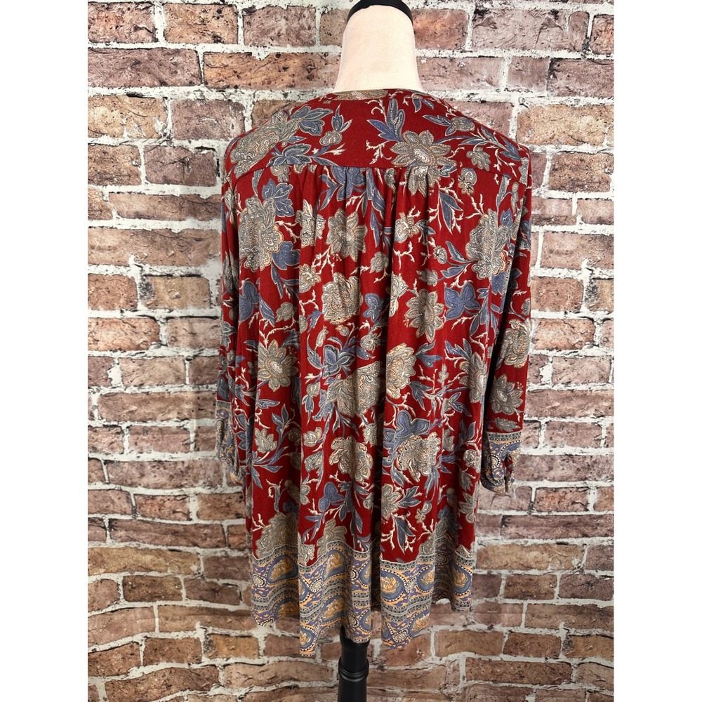 Lucky Brand Red Floral Boho Henley Tunic Blouse Plus Size 2X 3/4 Sleeve Border - Picture 7 of 14